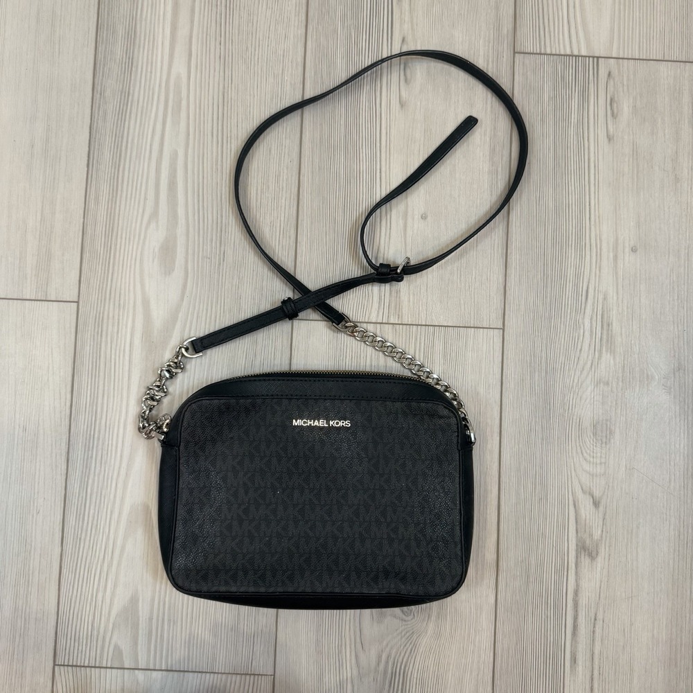 Michael Kors Jet Set Large Crossbody Bag In Black Signature - Picture 1 of 12